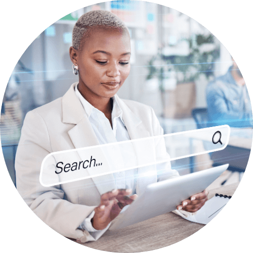 Professional woman using a tablet with a digital search bar overlay, symbolizing AI-powered job searches